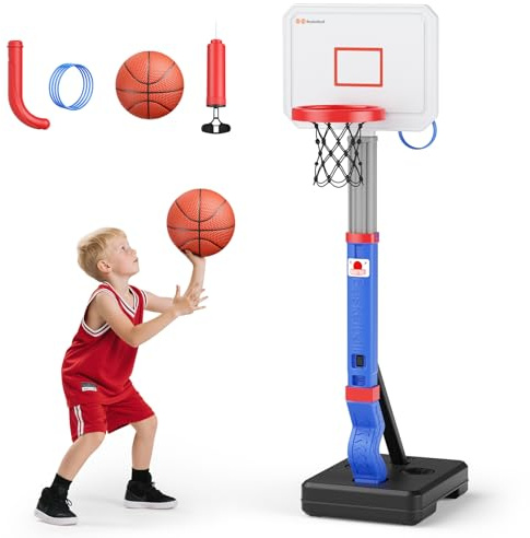 Krovtoy Basketballkorb Kinder Set mit Höhenverstellung 67.6-135cm - Inklusive 2 Bälle und Luftpumpe - Indoor und Outdoor Mini Basketballkörbe für Kinder von 3 bis 8 Jahren