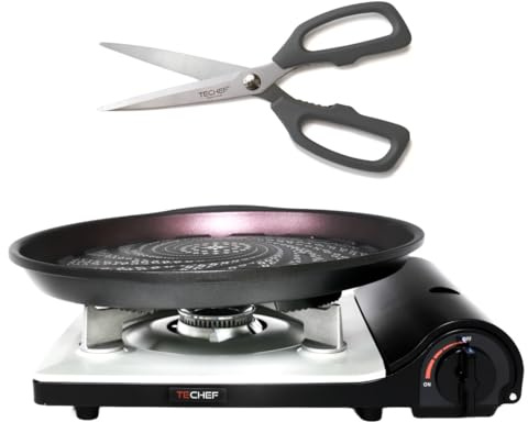 TECHEF - Stovetop Korean BBQ Non-Stick Grill Pan with Agni Portable Gas Stove Burner, Made in Korea (Set w/BBQ Scissors)