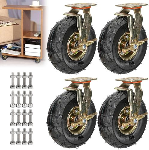 4 Stück Strapazierfähige Lenkrollen Plattformwagen Rad, Ø200/250mm Luftreifen Gummiräder Mit Bremse, 360°Drehbar, Industriell Rad Tragfähigkeit 200kg, Für Trolleys, Werkbank Rollen