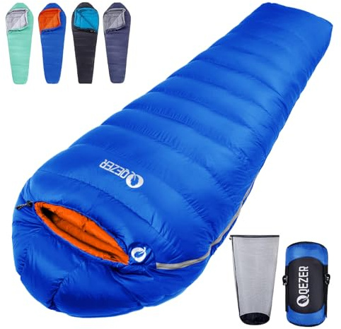 QEZER Sacco a Pelo in Piuma Invernale da Esterno 0~-8℃, 1690g, Leggero e Caldo, 4 Stagioni, con Piumino di Alta Qualità 600+FP, per Campeggio (Blu Zaffiro)