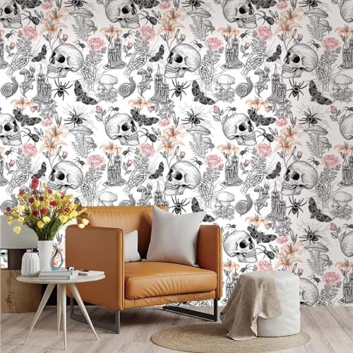 Selbstklebende Tapete Spinne Schädel Blume Strukturtapete Wandtattoo Schlafzimmer Tapete Selbstklebend Vliestapete Wallpaper for Living Room Tapeten Leicht zu Entfernen Wandschutzfolie 45x300cm