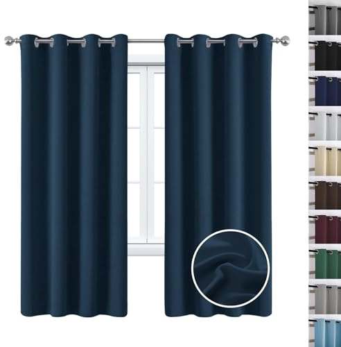 WUXXIANG Lot de 2 Rideaux Occultants à Oeillets 170 x 135 cm Isolant Phonique et Thermique, Rideaux Opaques Thermiques Isolants, avec Cravates, pour Maison Chambre, Bleu Foncé