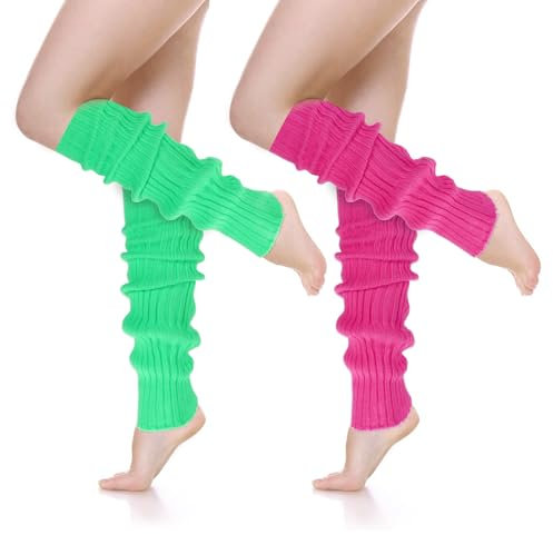 Tyqour 2 Paar Beinstulpen Neon Strümpfe für 80er 90er Jahre Damen Bein Stulpen Neon Pink Fluoreszierend Grün Gestrickte Beinstulpen 80er 90er Jahre Motto Party Fasching Karneval Oder zum Tanzen