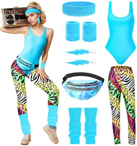 DAZZTIME 80er Jahre Outfit Damen,Damen 80er Jahre Workout Kostüm,80er Jahre Accessoires,90er Jahre Outfit,mit Bauchtasche,Stirnband,Beinwärmer,für Karneval,Halloween,Fasching,Mottoparty