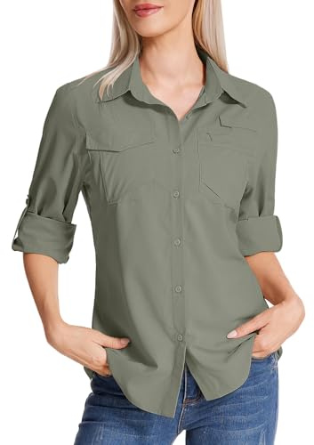 Faysfad Women's Safari Shirt UPF 50 UV Sun Protection Quick Dry Shirts Long Sleeve Hiking Walking Fishing Outdoor Travel(5081,Grey Green,S)