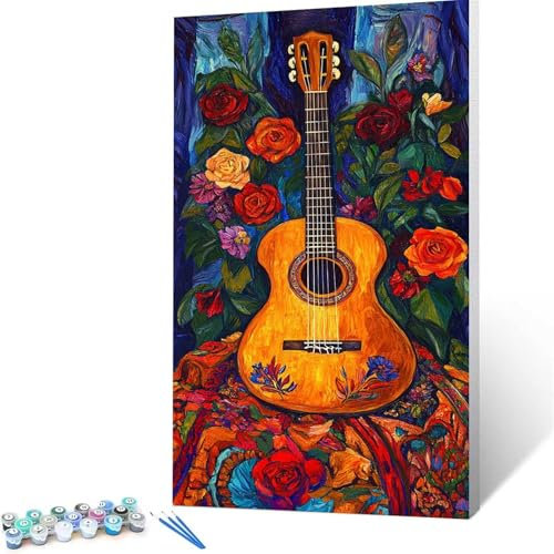 Malen Nach Zahlen Erwachsene Kinder Gitarre, 30x60cm Groß Paint by Numbers mit Leinwand Pinseln Acrylpigment, DIY Handgemalt Gemälde Kit für Jungen Mädchen ab 6 Jahre und Zimmer Deko Blume O/1-4