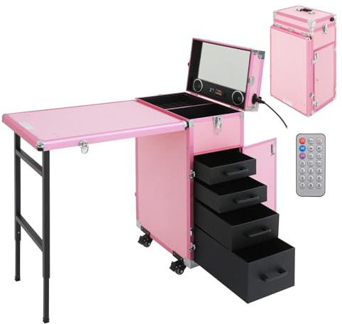 OUBUBY Valigetta cosmetica trolley 2 in 1, grande valigetta cosmetica, con ruote e 4 cassetti, in alluminio, rosa., Valigetta per cosmetici 2 in 1