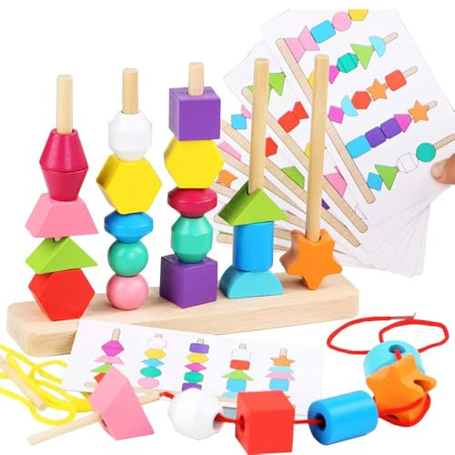 Goujfol Giochi Legno Bambini, 2-in-1 Montessori Giocattoli Impilabili und Infilare, Giochi Bambino Forme Colori Geometriche Ordinamento Giocattolo, Regalo per Ragazzi e Ragazze 3 4 5 Anni