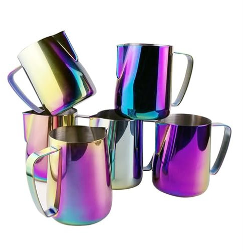 WENYOG Pot à Lait Stainless Steel Latte Coffee Milk Jug Cup Frothing Pitcher Pull Flower Cup Coffee Milk Frother Milk Foaming Cup Tool 0.35-0.6L(350ml,Colorful)