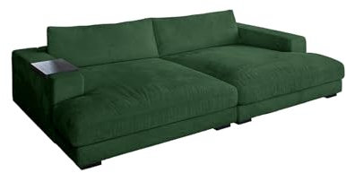 KAWOLA Big Sofa Madeline - Megasofa, Couch, Wohnlandschaft, Lounge Sofa mit Holztablett, Cord in Smaragd