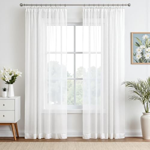 EMEMA Gardinen Vorhänge mit Kräuselband 2er H145xB140cm Weiß Voile Vorhang | Transparente Gardine Vorhänge mit Kräuselband aus Einfarbig Transparent Voile Wohnzimmer Luftig Dekoschal für Schlafzimmer