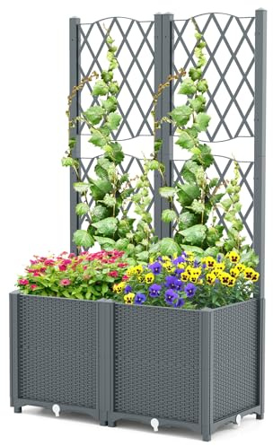 HOMASIS Jardinera con Celosia Exterior de PP, Jardinera Elevada Rectangular con Soporte para Plantas Trepadoras, Autoriego,Cama de Jardín Grande para balcón,Terraza,Patio (Gris, 80x40x140cm)