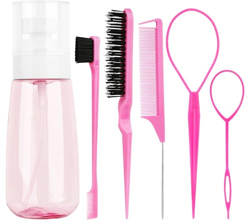 Linkidea 5-teiliges Haarstyling-Kamm-Set mit 1 Sprühflasche, 94 ml, enthält Bürsten, Kämmen, Flechten, Zupfkämmen, Multifunktions-Salon-Haar-Werkzeuge für Frauen (Rosa)