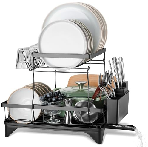 E-far Dish Drying Rack for Kitchen Counter, 2 Tier Small Dish Drainer Drying Rack, 16.7 x 11.8 x 13.9 Metal Organizer with Drainboard and Utensil Holder, Large Capacity & Space Saving, Black