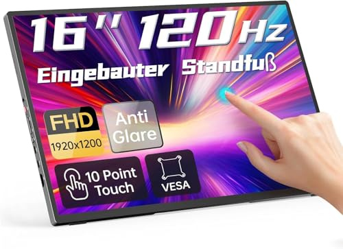 Intehill Portable Monitor Touchscreen, 120Hz Tragbarer Monitor für Gaming,10-Punkt-Multitouch, 1920x1200 FHD 16:10 IPS Matt Bildschirm mit USB-C&HDMI, Metallgehäuse, VESA-kompatibel (F16ZT)