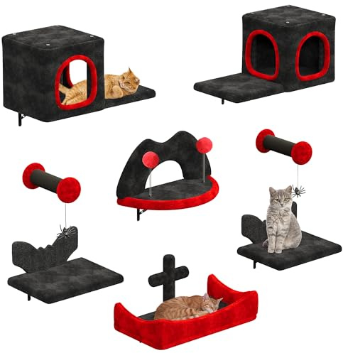 YITAHOME Juego de 8 Muebles de Pared para Gatos con casa, Cama, 2 Plataformas y Columna de sisal con araña, para Dormir y Jugar