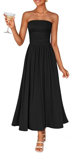 ZESICA Women's Summer Sleeveless Midi Dress 2026 Strapless Ruched A Line Flowy Wedding Guest Party Beach Long Dresses Black Medium