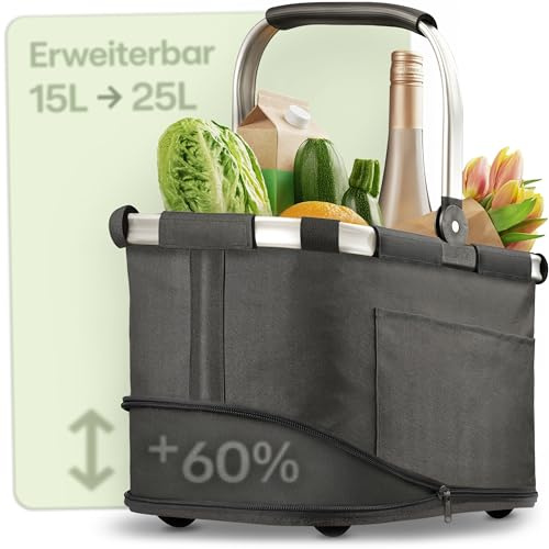 Praknu Hopfällbar Shoppingkorg Liten – 2 i 1 Utbyggbar från 15L till 25L – Tvättbart Tyg – Stabil med Aluminiumram & Förstärkt Botten – Extra Fickor invändigt & utvändigt – Svart
