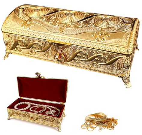 Ysislybin Schmuckkästchen, Groß Metall Schmuckschatulle für Damen Vintage Rechteckig Schmuckaufbewahrung mit Weicher Samt für Ohrringe Uhren Ringe Halsketten Rostfrei Kratzfest 23x11x8cm (Gold)