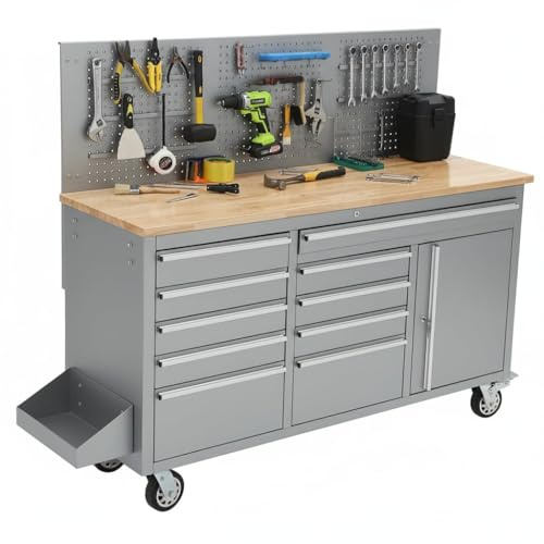 GarveeTech 61-Inch Rolling Tool Chest, 10-Drawer Heavy Duty Garage Workbench with Solid Rubber Wood Top, Power Strip, 1675 LBS Load Mobile Storage Tool Cabinet - Black Workstation