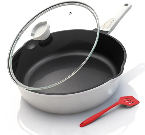 Bobikuke Pfanne 28cm mit Deckel, Aluminium Bratpfanne Hoher Rand -Weiß | mit Abnehmbarer Griff, Schmorpfanne 28cm für alle Herde|Anti-Kratzer|Antihaft