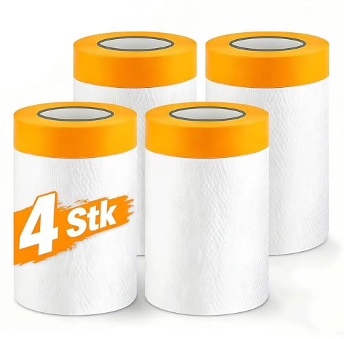 Kozdtiz 4 Rollen 110 cm x 20 m Abdeckfolie mit Klebeband, Selbstklebende Malerfolie, Abdeckfolie Klebeband mit Folie, Abdeckfolie Malerfolie Tape für Schützen Sie Möbel Fahrzeuge und Wände Vor Staub