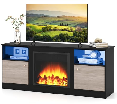 ZXLIHS Mueble para TV LED para televisores de 65 Pulgadas, Centro de Entretenimiento Multimedia de Madera con Luces LED RGB, 2 Puertas y estantes Abiertos/Ajustables para Chimenea, Mesa Consola para