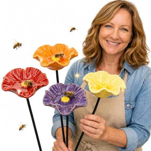 Gartenort Handgemachte Bienenblüten, Bienenblüten Keramik 4er-Set, Wetterfeste Bienentränke Keramik als Wasserschale Garten, Keramikblüten für Bienen & Insekten, Deko für Garten Beet (4set)