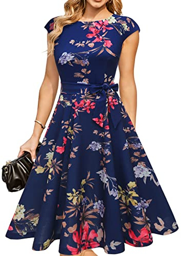 DRESSTELLS midi 1950-talet vintage retro rockabilly klänning damens eleganta bröllopscocktailklänning Navy Flower 2XL
