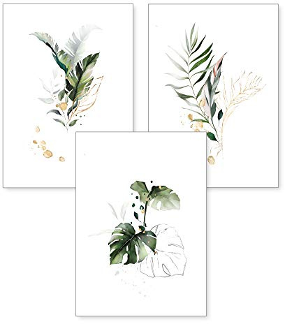 3-teiliges Premium Poster-Set | Kunstdruck | Botanik grün | Blätter | Deko Bild für Ihre Wand | optional mit Rahmen | Wohnzimmer Schlafzimmer Modern Fine Art | DIN A4 / A3 (A3, ohne Rahmen)
