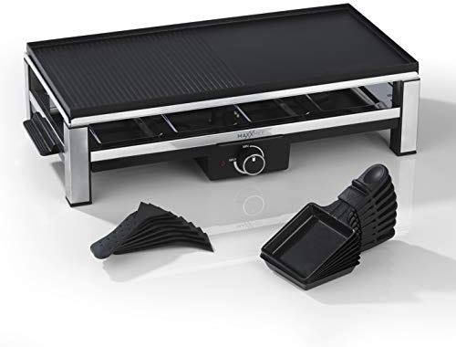 MAXXMEE Raclette Grill für 8 Personen - 2000W | Clevere Kombination: Raclette & Grill in einem | Aluguss-Grillplatte abnehmbar | Pfännchen und Aluguss-Grillplatte mit Antihaftbeschichtung [schwarz]
