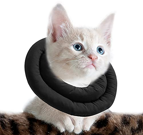 OHCOZZY Halskrause Katze mit Verstellbarem Bund, Weiches Katzenkragen mit Anti-Leck-Funktion, Nach der Operation Haustier Schutzkragen(Größe S, Schwarz)