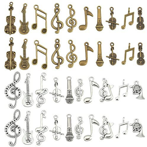 PandaHall 20 Styles Musik Charms, 120 Stück Musikinstrument Notizen Symbol Anhänger Musikelemente Charm Mikrofon Violine Gitarre Charms Für DIY Halskette Armband Ohrringe Schmuckherstellung