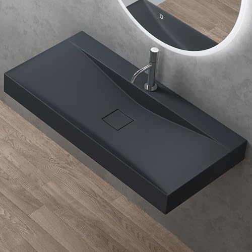 doporro Waschbecken Waschtisch Mineralguss 100x48x10cm in Matt Anthrazit | Design Aufsatzwaschbecken Hängewaschbecken Waschplatz, DIN-Anschlüsse | Einfache Montage, Colossum810