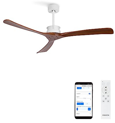 CREATE / WINDLARGE/Ventilateur de plafond avec télécommande et Wifi, blanc pales bois foncé / 40W, silencieux, Ø152 cm, 6 vitesses, minuterie, 2 hauteurs, moteur DC, fonction été-hiver