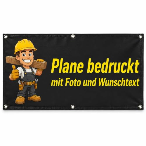 Indigos UG - Banner selbst gestalten - Plane Wasserdicht Gerüstplane - 150x50 cm - mit Wunschtext & Foto - für Baustelle, Garten, Zaun, Konzert, Gerüst - Saum - Ösen - bedruckt