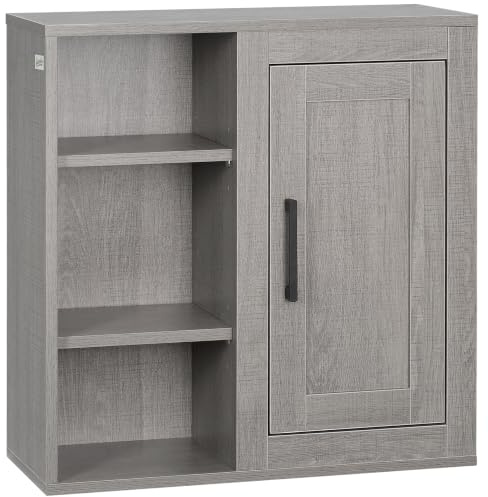 kleankin Badezimmerschrank Wandschrank mit 1 Schrank und 3 Regalen Mehrzweckschrank mit verstellbaren Regalebenen Aufbewahrungsschrank Badschrank Spanplatte Grau 48 x 20 x 50 cm
