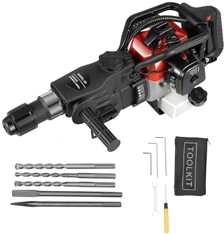 JAYEUW Petrol Jack Hammer 33CC 1000W 30J Demolition Hammer Gas Breaker Petrol 2 Stroke Concrete Breaker 3 Drills Pointed Chisel, Flat Chisel for Rock Breaking