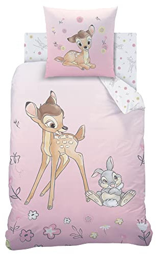 Rosa Disney Bambi Bettwäsche · Mädchenbettwäsche 135x200 80x80 cm aus 100% Baumwolle · Bettwäsche in Deutscher Größe mit Reißverschluss · Motiv mit Tieren Bambi und Klopfer