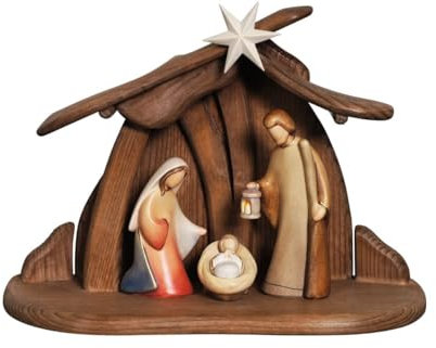 Generico Set Krippe aus Holz, Krippe komplett aus Holz mit Hütte im modernen Stil, hergestellt in Gröden Statuen aus farbigem Holz (8,5 cm)