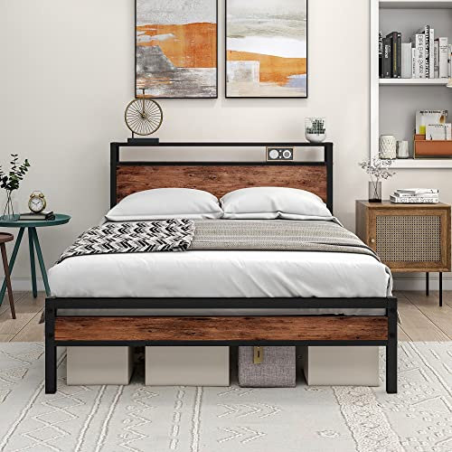 HOJINLINERO Double Bed Frame with Storage Headboard,Wooden Bed Frame Double | Metal Platform Bed Frame No Box Spring Needed,Sturdy Metal Frame Base,Under Bed Storage,No Squeak,Easy Assembly for Adults