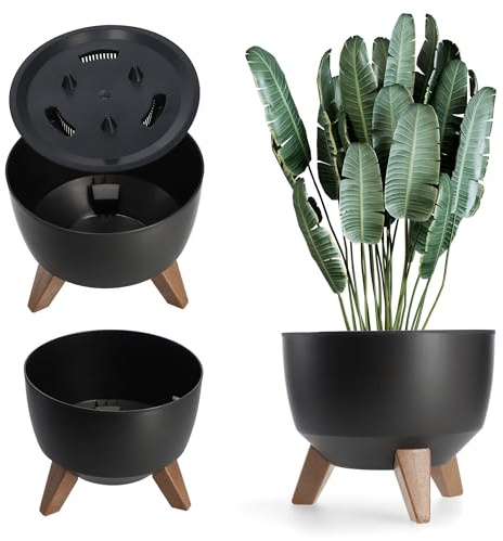 KADAX Pot de Fleurs en Plastique sur Trois Pieds, Effet Bois pour Sublimer la Décoration de Votre Maison et de Votre Jardin, Intérieur et Extérieur (Noir, 39.5 cm)