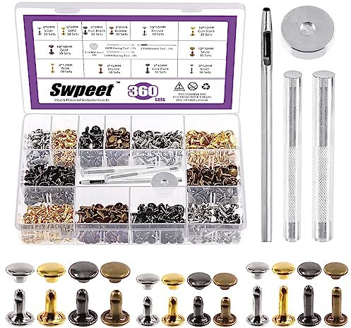 Swpeet 360 Sets 4 Colors 8mm 10mm 12mm Leather Rivets Double Cap Rivets and Rubber Hammer with 4Pcs Fixing Tools Assortment Kit, Leather Rivets Double Cap Rivets Tubular for DIY Leather Craft Clothes