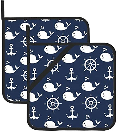 Maritime nautische Wale und Anker, Topflappen, hitzebeständige Küchen-Ofenhandschuhe mit Aufhängeschlaufen, Ofen-Heißpads zum Grillen, Kochen, Backen, 2er-Set