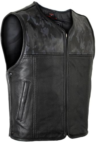 MDM Gilet pelle uomo biker nero mimetico Club Style – vera pelle bovina traforata, design camouflage e zip laterali regolabili