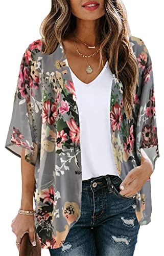 florynova Womens Kimono Cardigan Loose Beach Cover Ups(Pink Flower,L)