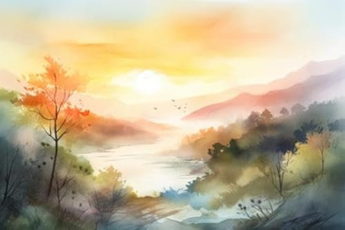 adrium Acryl-Bild 90 x 60 cm: Aquarelllandschaft mit See, Bergen und Wald. Digitale Malerei., generative KI (203121259)