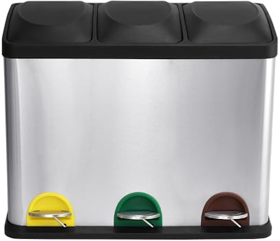Panana Rubbish Bin, / Recycling Bin for Kitchen, Stainless Triple Compartment Food Waste Bin with Non-Slip Base Removable Inner Bins,three Detachable Inner Buckets, Steel, 45L, 60L, 45L