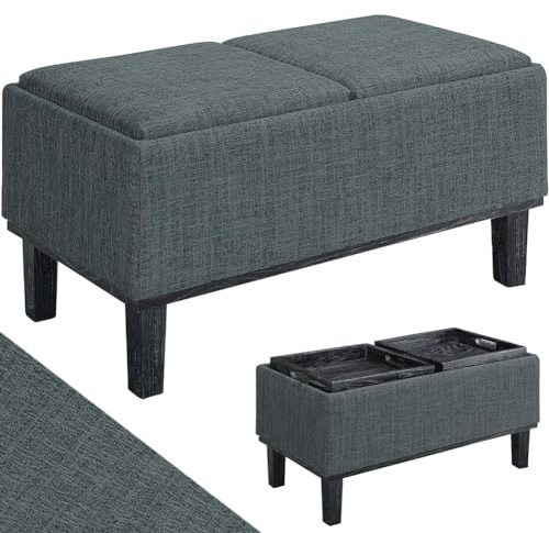 BAKAJI Cassapanca Contenitore con Cuscini 2 in 1 Convertibili in Vassoio da Portata, Pouf Poggiapiedi con Rivestimento in Tessuto Lino Grigio e Struttura in Legno, Ideale Arredamento Casa e Ufficio