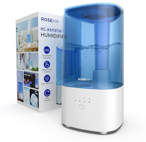ROSEKM 2L Cool Mist Humidifier for Bedroom & Baby, 26dB Quiet, Filterless | 24H Runtime, Auto Shut-off, 360° Nozzle, Touch Control, Compact Ultrasonic Air Humidifier For Home, Nursery & Plants, White